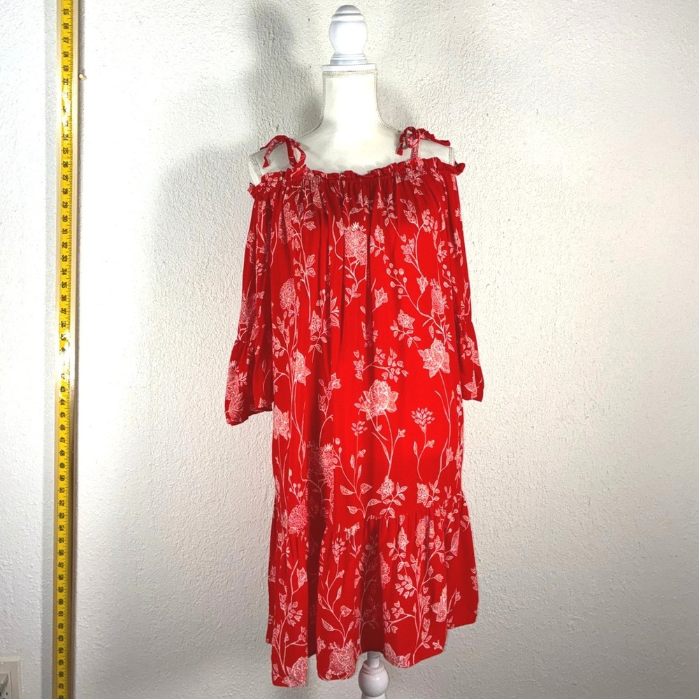 H&M Boho Red Floral Off Shoulder Ruffle Hem Bell Sleeve‎ Dress Shoulder Ties L